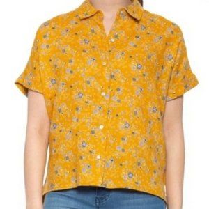 Rachel Zoe 100% Linen Boxy Floral Print Short Sleeve Button Up Top M Yellow